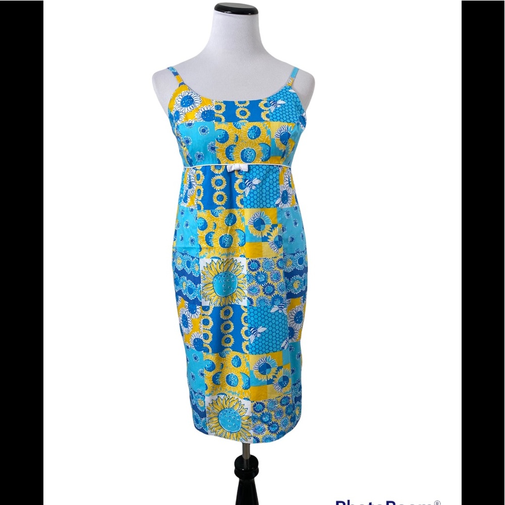 Lilly Pulitzer Blue Yellow Sunflower Bumble Bee Vintage Sun Dress Sz 8